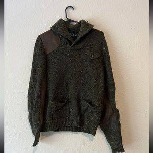 Polo Ralph Lauren Sz M Dark Green Wool Shawl Collar Military Sweater Patches